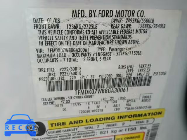 2008 FORD TAURUS X E 1FMDK07W88GA30061 зображення 9