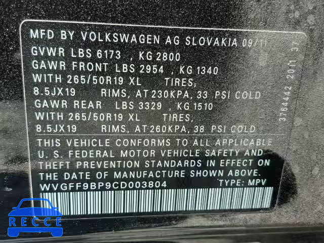 2012 VOLKSWAGEN TOUAREG V6 WVGFF9BP9CD003804 image 9