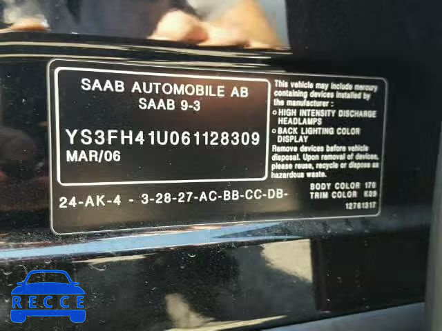 2006 SAAB 9-3 YS3FH41U061128309 зображення 9