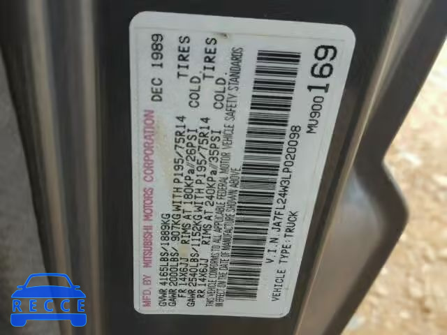 1990 MITSUBISHI MIGHTY MAX JA7FL24W3LP020098 image 9