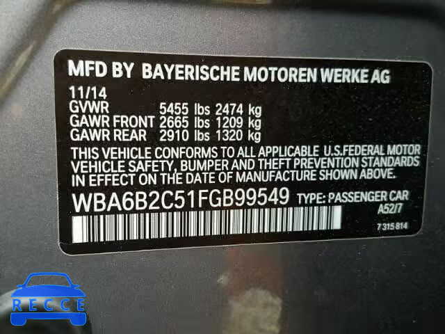 2015 BMW 650I GRAN WBA6B2C51FGB99549 зображення 9