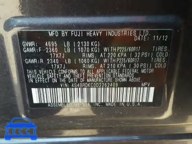 2013 SUBARU OUTBACK 3. 4S4BRDKC0D2262409 image 9