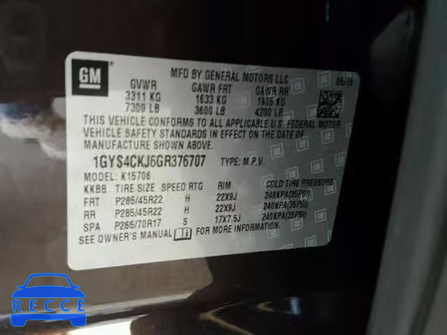 2016 CADILLAC ESCALADE P 1GYS4CKJ6GR376707 image 9