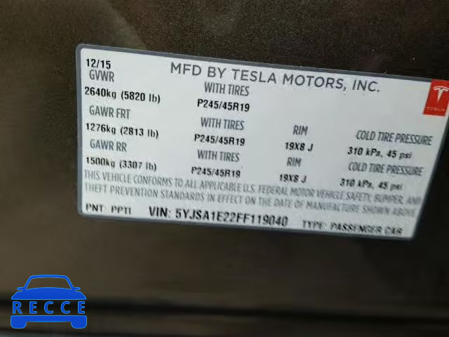 2015 TESLA MODEL S 5YJSA1E22FF119040 зображення 9