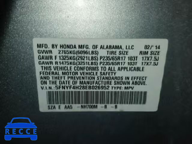 2014 HONDA PILOT LX 5FNYF4H28EB026952 image 9