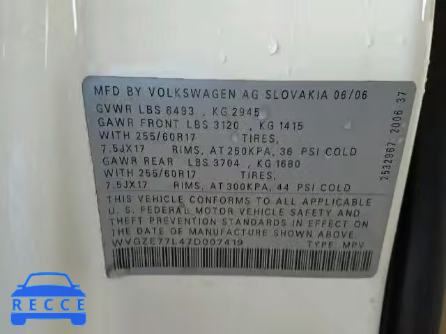 2007 VOLKSWAGEN TOUAREG V6 WVGZE77L47D007419 зображення 9