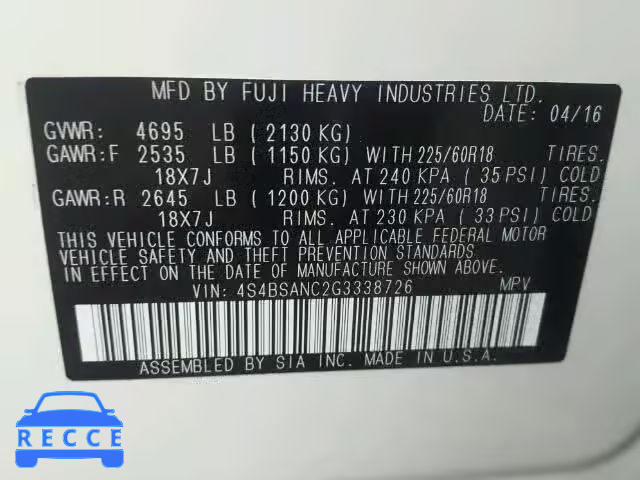 2016 SUBARU OUTBACK 4S4BSANC2G3338726 image 9