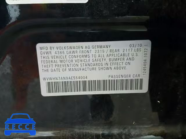 2010 VOLKSWAGEN CC LUXURY WVWHN7AN9AE554004 image 9