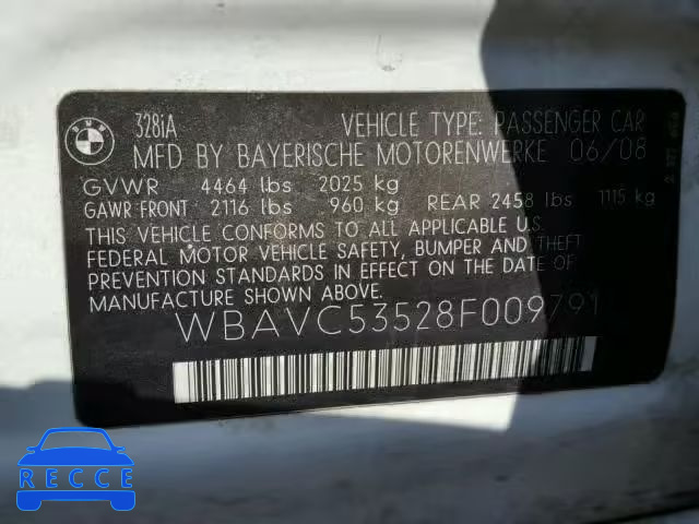2008 BMW 328I SULEV WBAVC53528F009791 зображення 9