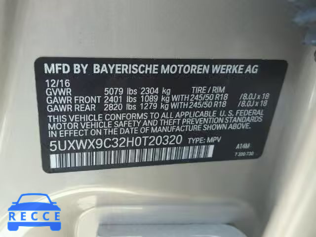 2017 BMW X3 5UXWX9C32H0T20320 image 9