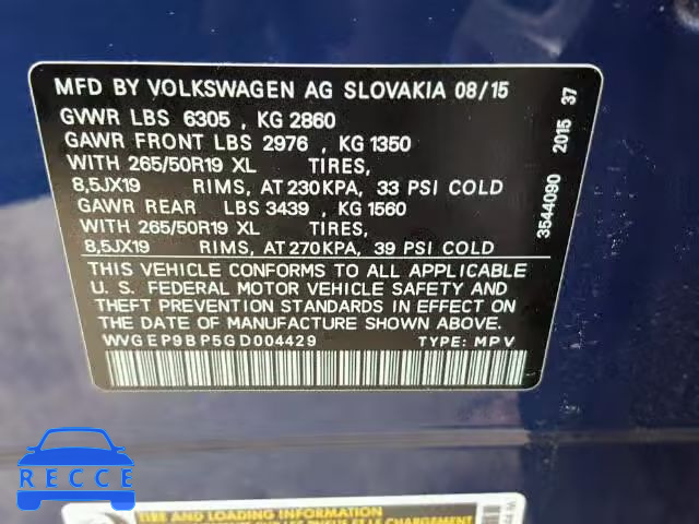 2016 VOLKSWAGEN TOUAREG TD WVGEP9BP5GD004429 зображення 9