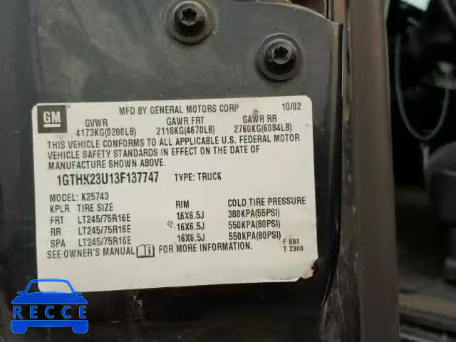 2003 GMC SIERRA 1GTHK23U13F137747 image 9