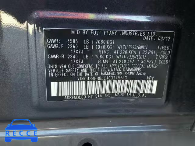 2012 SUBARU OUTBACK 4S4BRBLC1C3279733 image 9