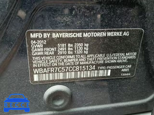 2012 BMW 535 WBAFR7C57CC815134 зображення 9