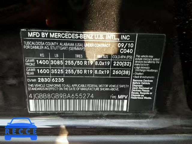 2011 MERCEDES-BENZ ML 4JGBB8GB9BA655274 image 9
