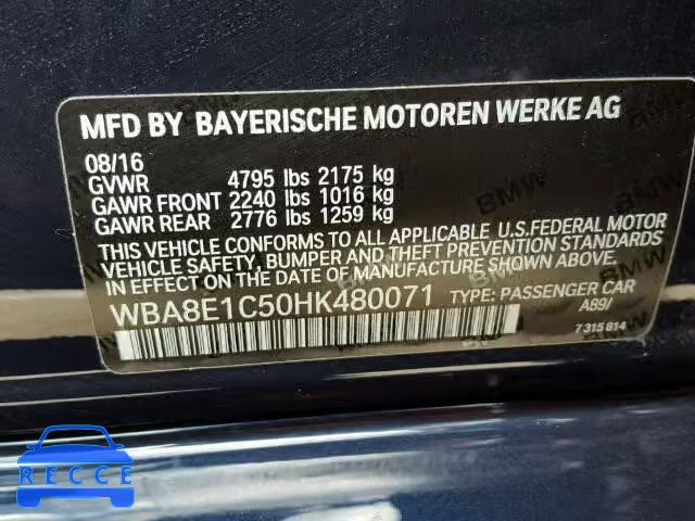 2017 BMW 330E WBA8E1C50HK480071 зображення 9