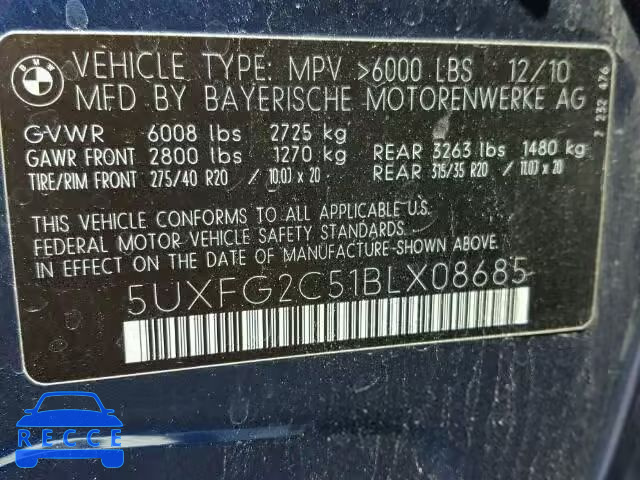2011 BMW X6 XDRIVE3 5UXFG2C51BLX08685 image 9