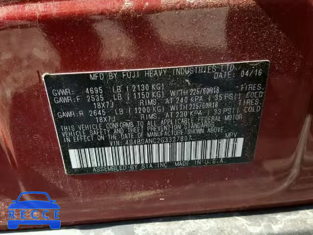 2016 SUBARU OUTBACK 4S4BSANC2G3327807 image 9