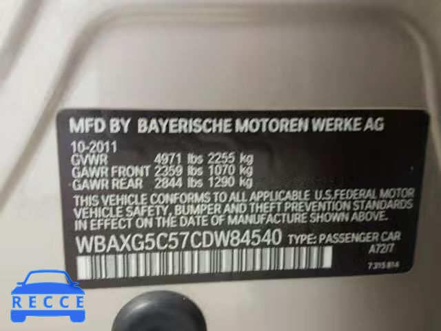 2012 BMW 528 WBAXG5C57CDW84540 зображення 9
