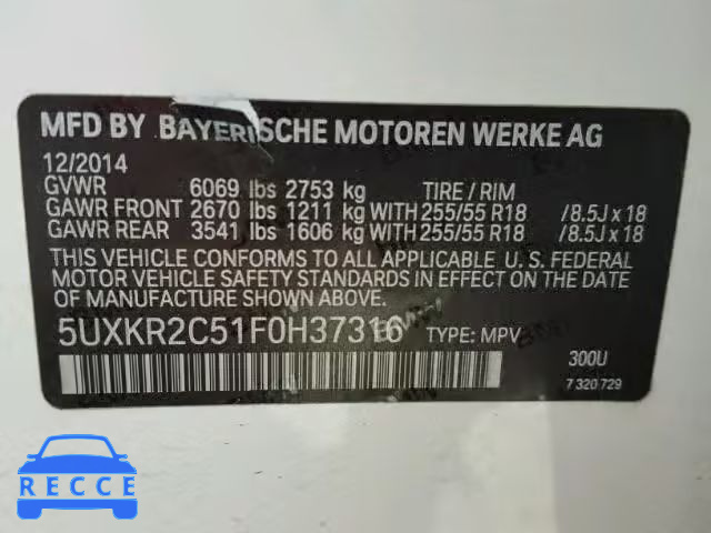 2015 BMW X5 SDRIVE3 5UXKR2C51F0H37316 зображення 9
