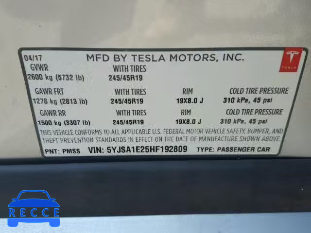 2017 TESLA MODEL S 5YJSA1E25HF192809 зображення 9