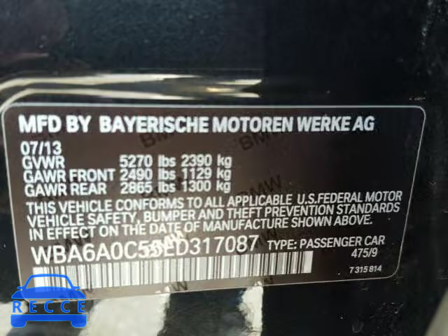 2014 BMW 640I GRAN WBA6A0C55ED317087 зображення 9