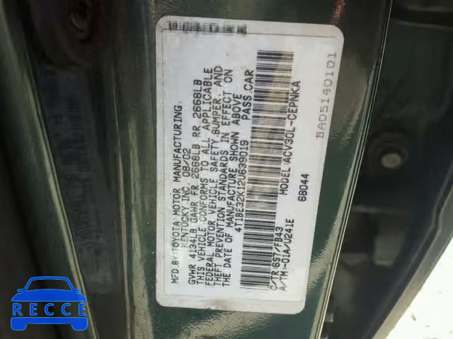 2002 TOYOTA CAMRY 4T1BE32K12U639019 image 9
