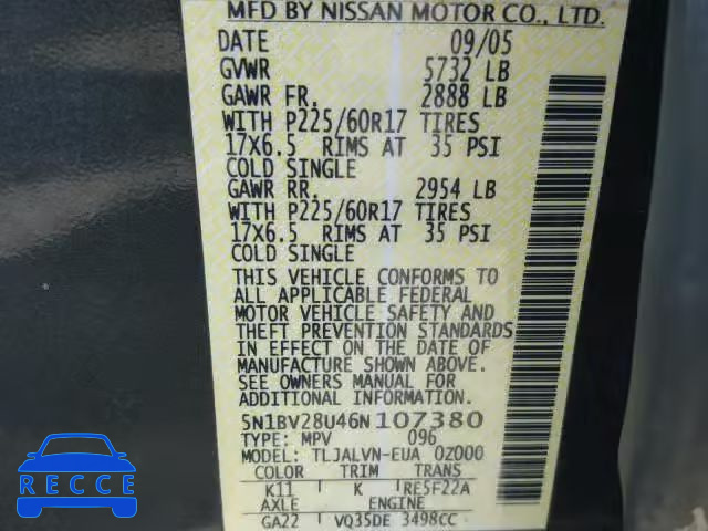 2006 NISSAN QUEST 5N1BV28U46N107380 зображення 9