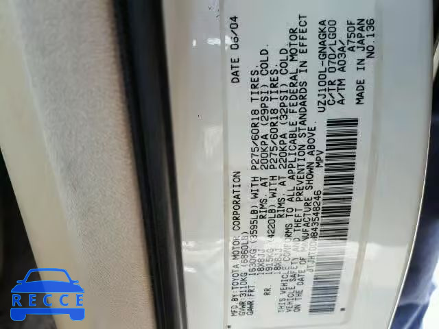 2004 LEXUS LX 470 JTJHT00W843548246 зображення 9