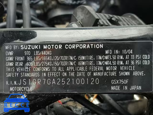 2005 SUZUKI GSX750 F JS1GR7GA252100120 зображення 9