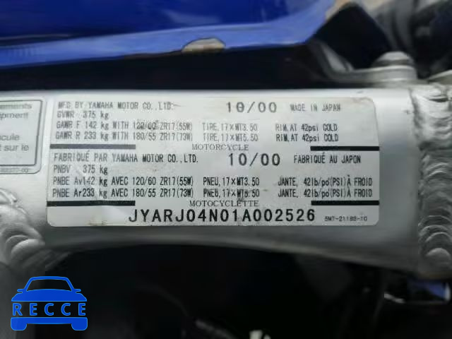 2001 YAMAHA YZFR6 S JYARJ04N01A002526 image 9