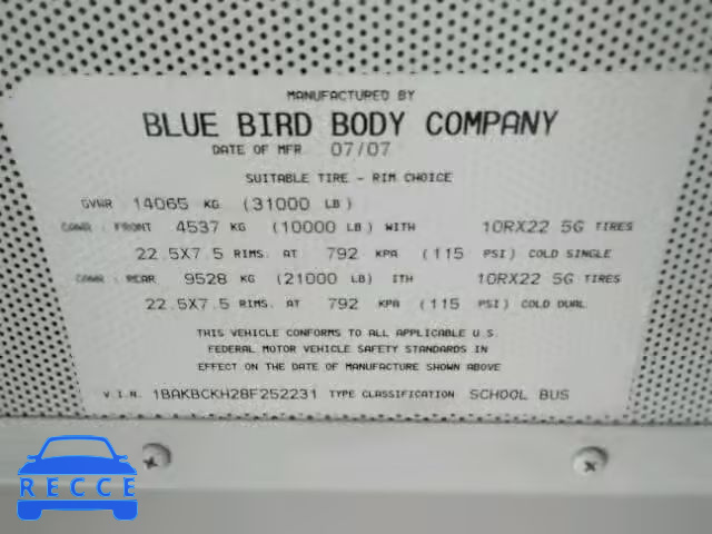2008 BLUE BIRD SCHOOL BUS 1BAKBCKH28F252231 image 9