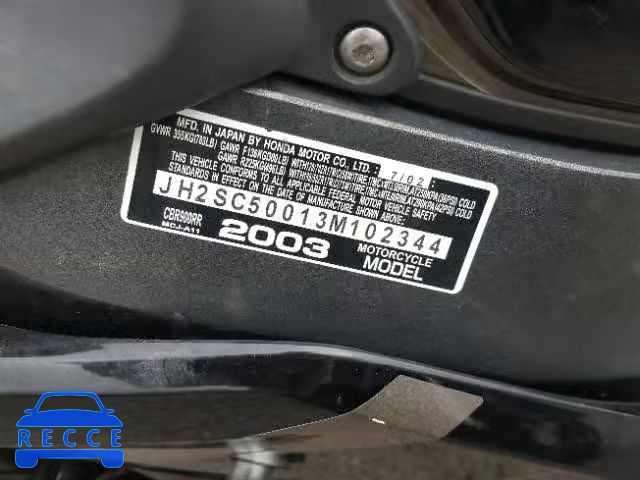 2003 HONDA CBR900 RR JH2SC50013M102344 Bild 9