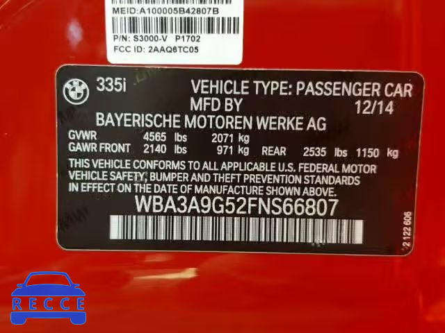 2015 BMW 335 I WBA3A9G52FNS66807 зображення 9