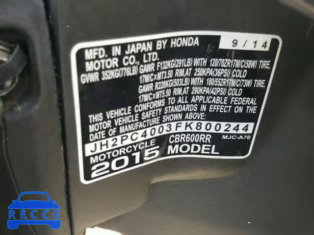 2015 HONDA CBR600 RR JH2PC4003FK800244 image 9