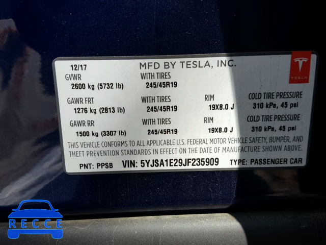 2018 TESLA MODEL S 5YJSA1E29JF235909 зображення 9