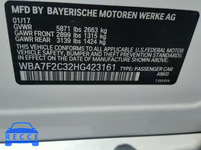 2017 BMW 750 XI WBA7F2C32HG423161 зображення 9