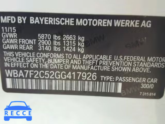 2016 BMW 750 XI WBA7F2C52GG417926 зображення 9