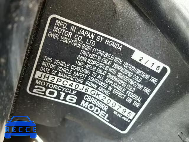 2016 HONDA CBR600 RR JH2PC40J6GK200795 image 9