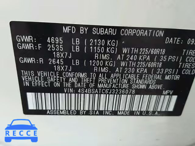 2018 SUBARU OUTBACK TO 4S4BSATC6J3236078 зображення 9