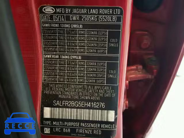 2014 LAND ROVER LR2 HSE SALFR2BG5EH416276 зображення 9