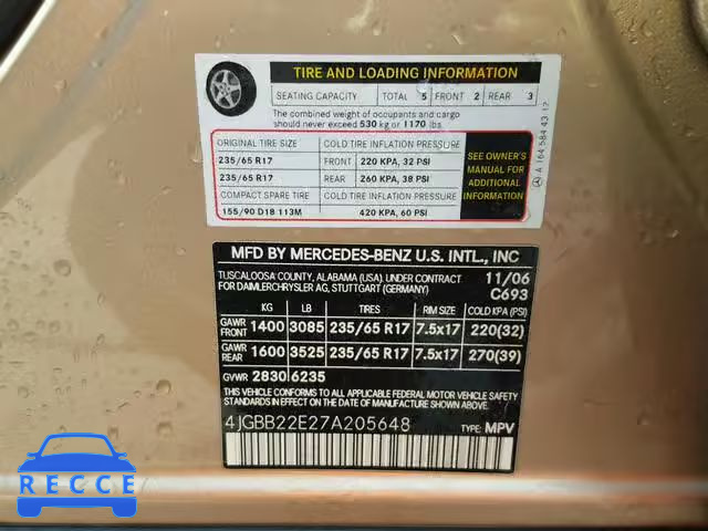 2007 MERCEDES-BENZ ML 320 CDI 4JGBB22E27A205648 Bild 9