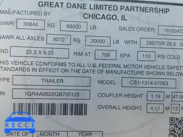 2016 GREAT DANE TRAILER 53 TRAILER 1GRAA0622GB705123 зображення 9