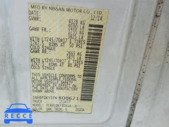 2015 NISSAN NV 1500 1N6BF0KY5FN800621 image 9