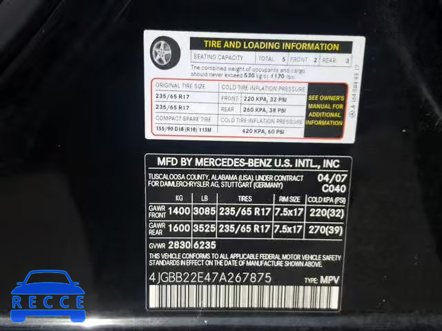 2007 MERCEDES-BENZ ML 320 CDI 4JGBB22E47A267875 зображення 9