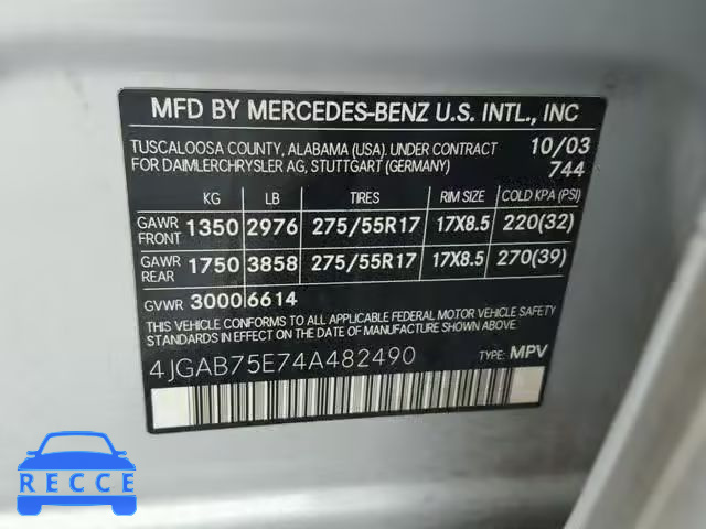 2004 MERCEDES-BENZ ML 500 4JGAB75E74A482490 зображення 9