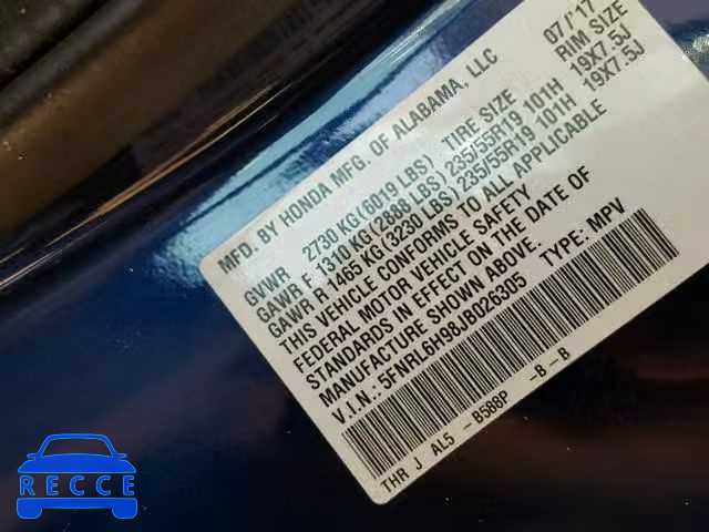 2018 HONDA ODYSSEY EL 5FNRL6H98JB026305 image 9