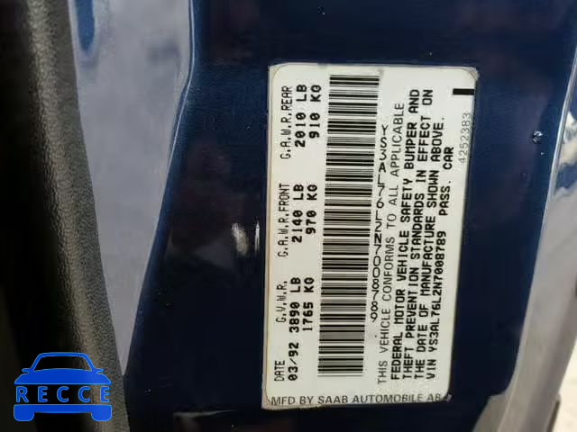 1992 SAAB 900 YS3AL76L2N7008789 image 9
