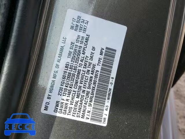 2018 HONDA ODYSSEY EL 5FNRL6H9XJB018979 image 9