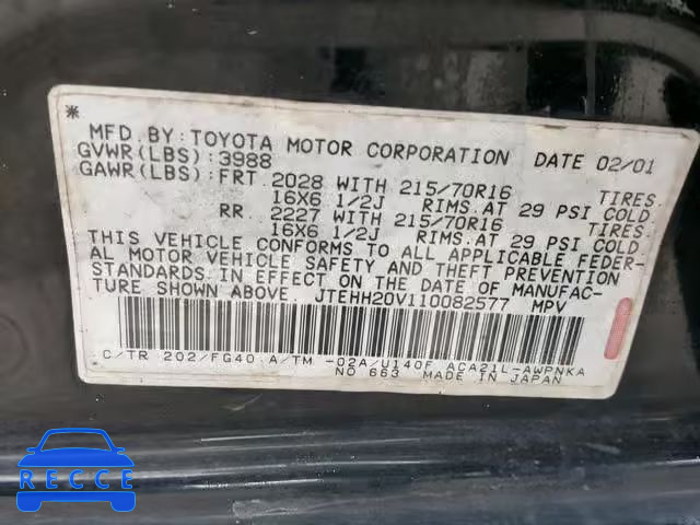 2001 TOYOTA RAV 4 JTEHH20V110082577 Bild 9